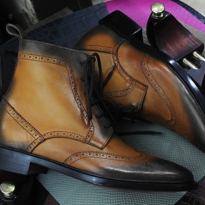 Handmade men's brown leather lace up wing tip ankle high boots