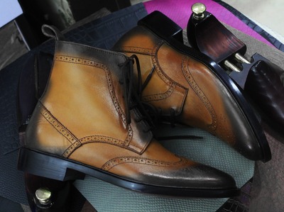 Handmade Men's Brown Leather Lace Up Wing Tip Ankle High Boots