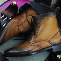Handmade Men's Brown Leather Lace Up Wing Tip Ankle High Boots - Thumbnail 2