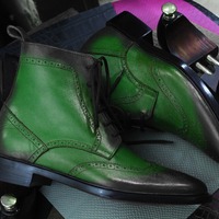 Handmade Ankle High Green Wing Tip Leather Men's Lace Up Boots - Thumbnail 1