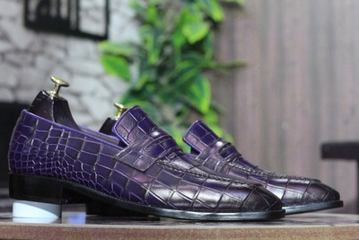 Handmade Men's Purple Alligator Print Leather Penny Loafer Shoes