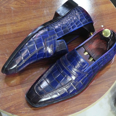 Men's blue alligator print leather penny handmade loafer shoes