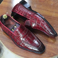 Handmade Men's Burgundy Alligator Print Leather Penny Loafer Shoes - Thumbnail 1