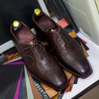 Handmade Men's python Leather Lace Up Fashion Chocolate Dress Shoes - Thumbnail 1