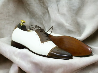 Handmade Men's Two Tone Leather Lace Up Brogue Toe Dress Shoes