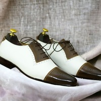 Handmade Men's Two Tone Leather Lace Up Brogue Toe Dress Shoes - Thumbnail 3