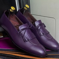 Purple Leather Men's Tassle Fringe Handmade Split Toe Loafer Shoes - Thumbnail 1