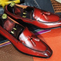 Men's Fashion Burgundy Leather Tussle Split Toe Handmade Loafer Shoes - Thumbnail 1