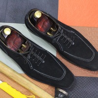 Handmade Fashion Black Suede Lace Up Handmade Dress Shoes - Thumbnail 1