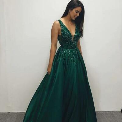 Emerald green v neck prom dresses - Thumbnail 3