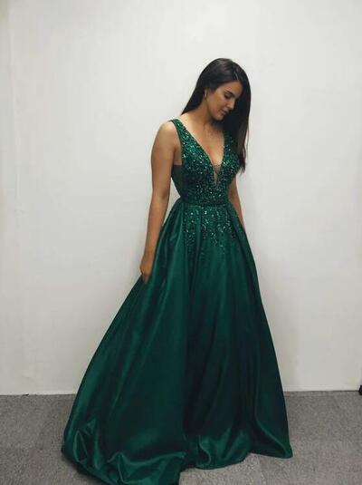 Emerald Green V Neck Prom Dresses