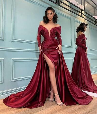 Off the shoulder deep v neck satin long prom dresses