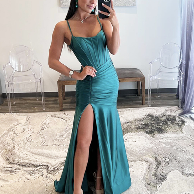 Green satin long prom dress, mermaid backless evening dress - Thumbnail 1