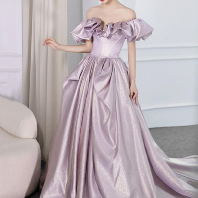 Beautiful satin off the shoulder long prom dress - Thumbnail 1