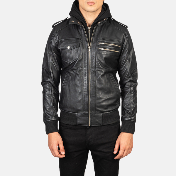 MarkX Nintenzo Black Hooded Leather Bomber Jacket MKX # 2058