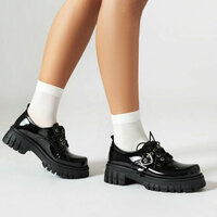  Black Heart Buckle Lace Up Leather Shoes - Thumbnail 2