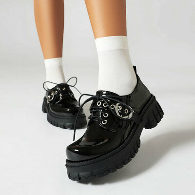  Black Heart Buckle Lace Up Leather Shoes