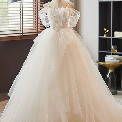 White tulle lace long prom dress, off the shoulder evening party dress - Thumbnail 2
