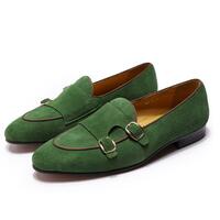 New Handmade Green Suede Leather Monk Strap Slip On Loafer Shoes for Men - Thumbnail 1