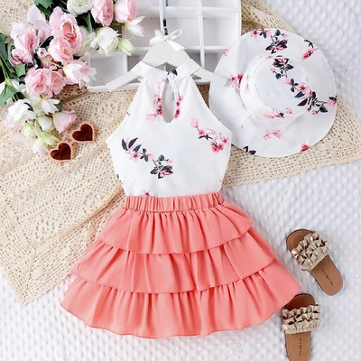 Toddler girls floral skirt set, halter top pink ruffled skirt and sun hat 3pc clothing set, free shipping