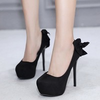 New round head high heel women's shoes square plaid fabric foot ring with bow 913-56 - Thumbnail 4