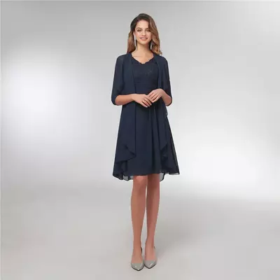 Two Pieces Mother Of The Bride Dresses Lace Appliques Knee Length Chiffon Evening Gowns Plus Size Mother Dress Formal Wear