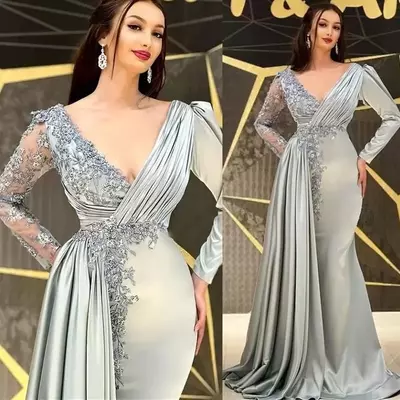 Silver long sleeves mother of bride dress sexy vestidos de festa v-neck wedding paty gowns corset back