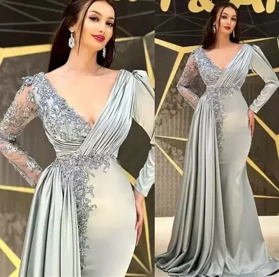 Silver Long Sleeves Mother of Bride Dress Sexy Vestidos De Festa V-Neck Wedding Paty Gowns Corset Back