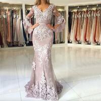 Elegant Mermaid Lace Mother Of The Bride Dresses V Neck Long Sleeves Mother of the Groom Dress - Thumbnail 1