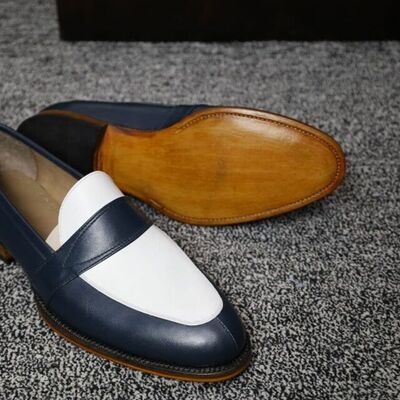 Handmade men's two tone penny leather fashion loafer shoes