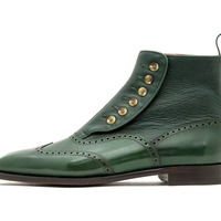 Handmade Green Leather Button Wing Tip Men's Ankle High Boots - Thumbnail 1