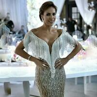  Illusion Mermaid Mother of the Bride Dresses V Neck Tassels Crystals Bling Bling Evening Gowns Plus Size Sequined Mother of The Groom Dress - Thumbnail 1