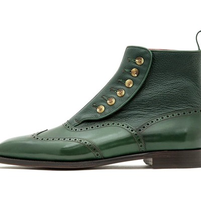 Handmade green leather side button wing tip men's ankle high boots