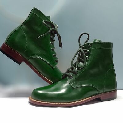 Men's green leather lace up derby fashion handmade ankle boots