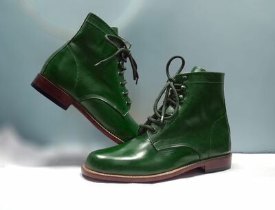 Men's Green Leather Lace Up Derby Fashion Handmade Ankle Boots