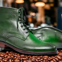 Men's Green Leather Lace Up Derby Fashion Handmade Ankle Boots - Thumbnail 1