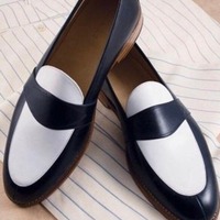 Handmade Men's Two Tone Penny Leather Fashion Loafer Shoes - Thumbnail 1