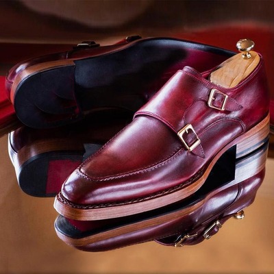 Men's burgundy double monk buckle handmade office shoes