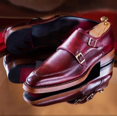 Men's Burgundy Double Monk Buckle Handmade Office Shoes