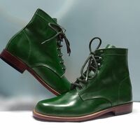 Men's Green Leather Lace Up Derby Fashion Handmade Ankle Boots - Thumbnail 1