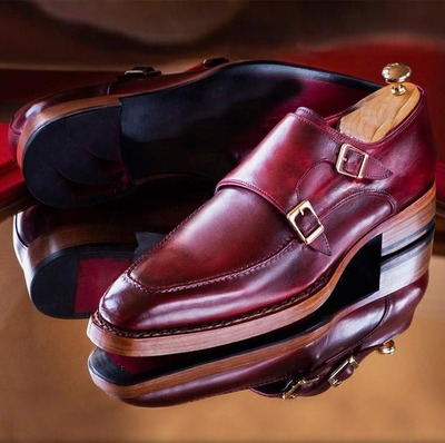 Men's Burgundy Double Monk Buckle Handmade Office Shoes