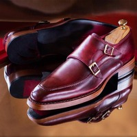 Men's Burgundy Double Monk Buckle Handmade Office Shoes - Thumbnail 1