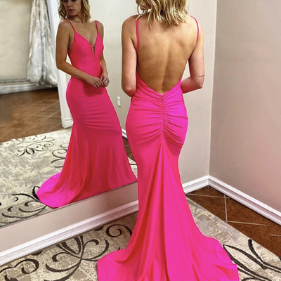 Hot pink satin long prom dress, mermaid backless evening party dress - Thumbnail 1