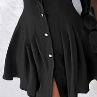 Elegant Mesh Splicing Long Sleeves Black Dress - Thumbnail 2