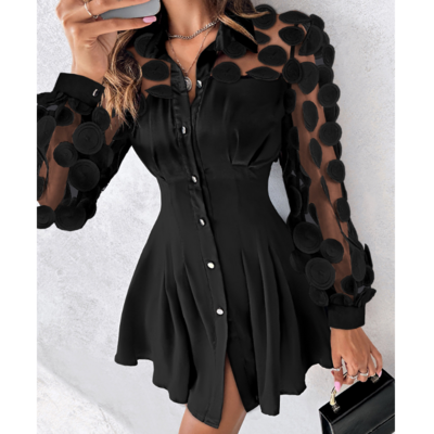 Elegant mesh splicing long sleeves black dress