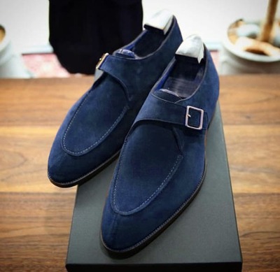 Handmade Men's Blue Suede Singal Buckle Loafer Shoes