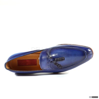 Handmade Blue Tussle Leather Fashion Men's Loafer Shoes