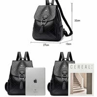 Sheer Kangaroo Grid Metal Ring Buckle Satchel Bags Purse Soft Leather Shopping Women's Backpack  - Thumbnail 3