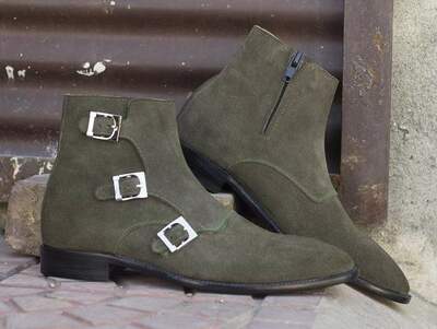 Handmade Men's Triple Buckle Monk Suede Green Ankle High Boots