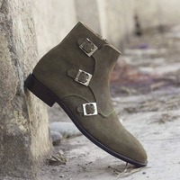 Handmade Men's Triple Buckle Monk Suede Green Ankle High Boots - Thumbnail 1